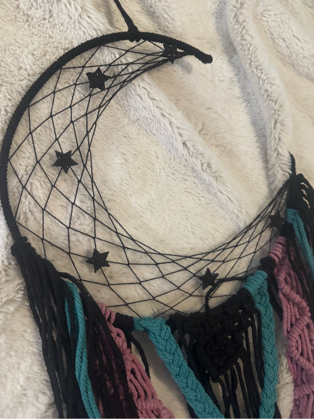Handmade Black Crescent Dreamcatcher with Teal and Mauve Accents